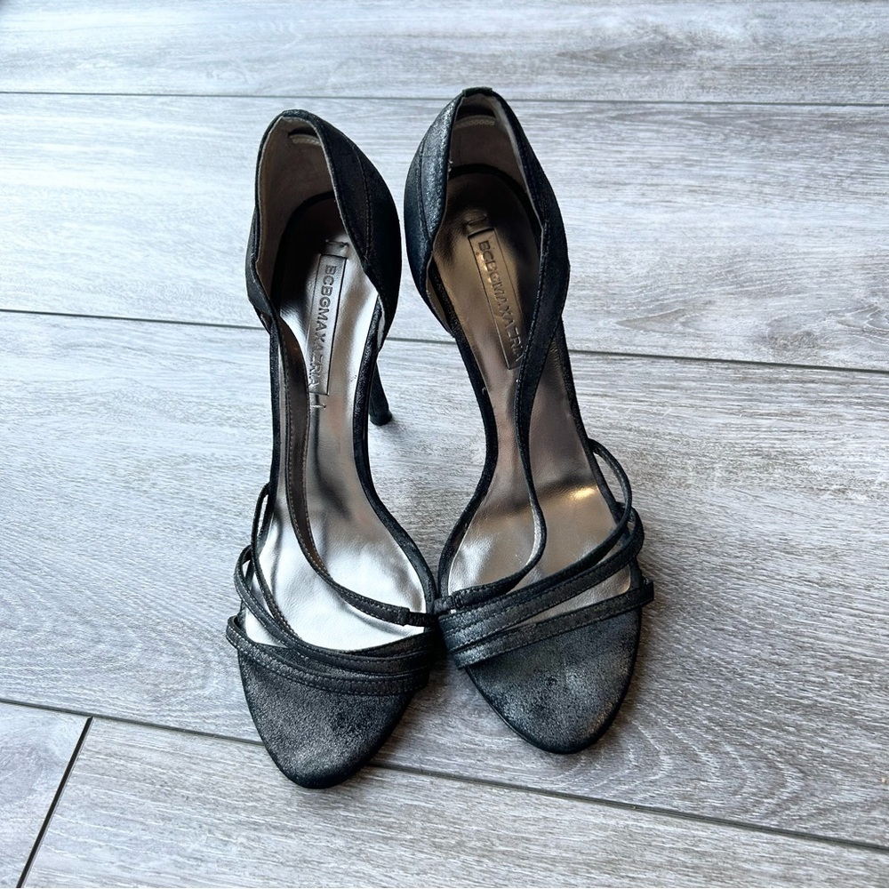 BCBGMAXAZRIA Metallic Black All Leather Heeled Sandals